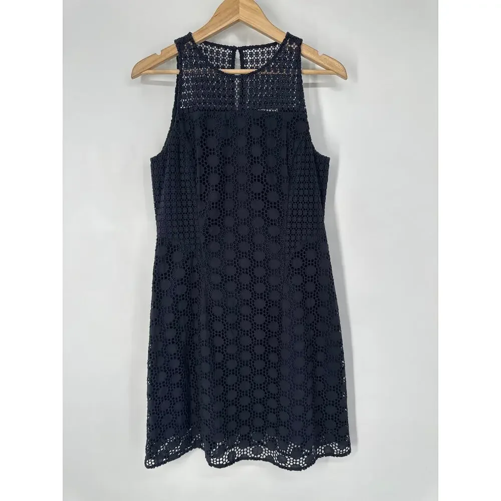 Tory Burch Hallie Eyelet Dress Mini Crew Neck Sleeveless Lace Preppy Navy Blue - Picture 4 of 12